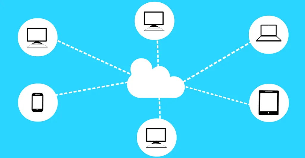 illustration of cloud computing with a cloud in the middle surrounded by computer, tablets and smartphone