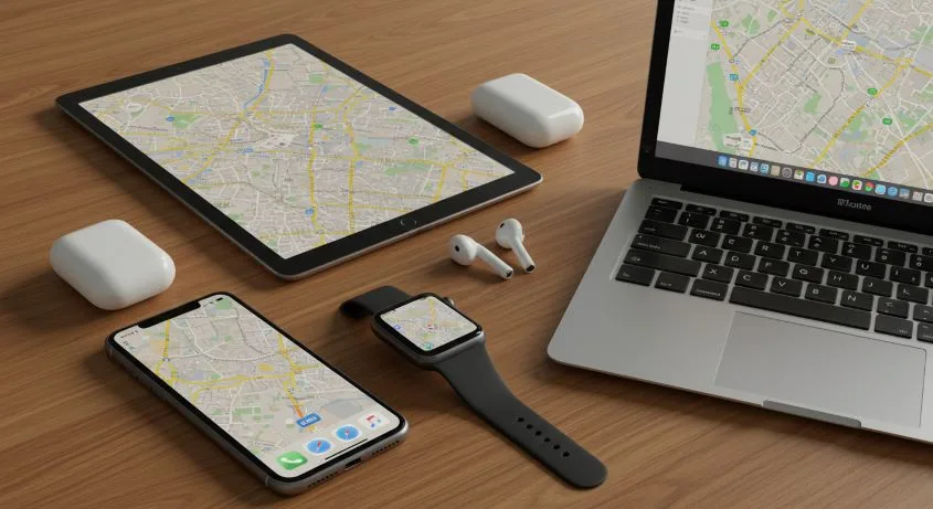 Apple devices on a desk with a map displayed on the screens.