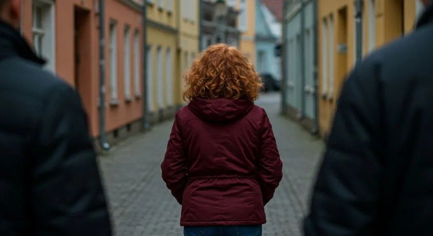 Woman being followed by 2 people while she walks on a empty street.