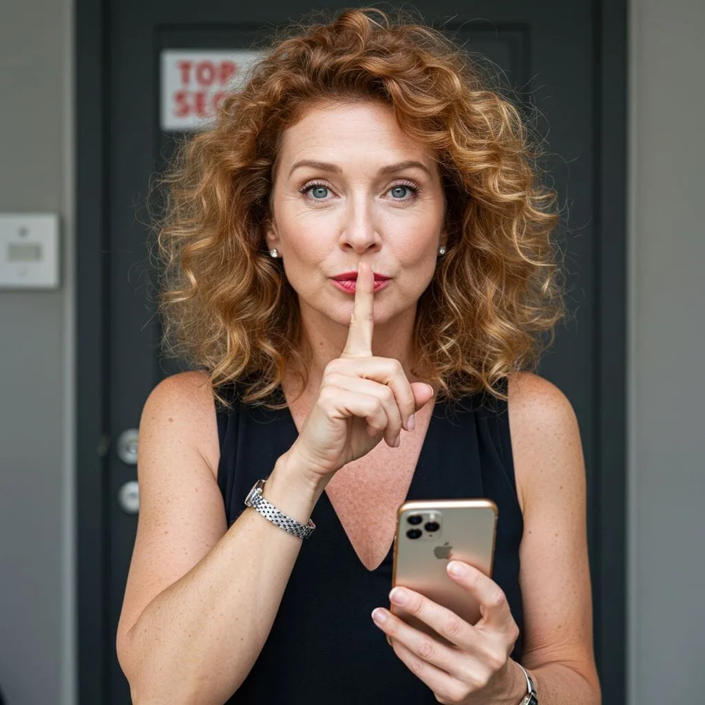 Woman with her finger to her lips to imply quiet while holding an iPhone