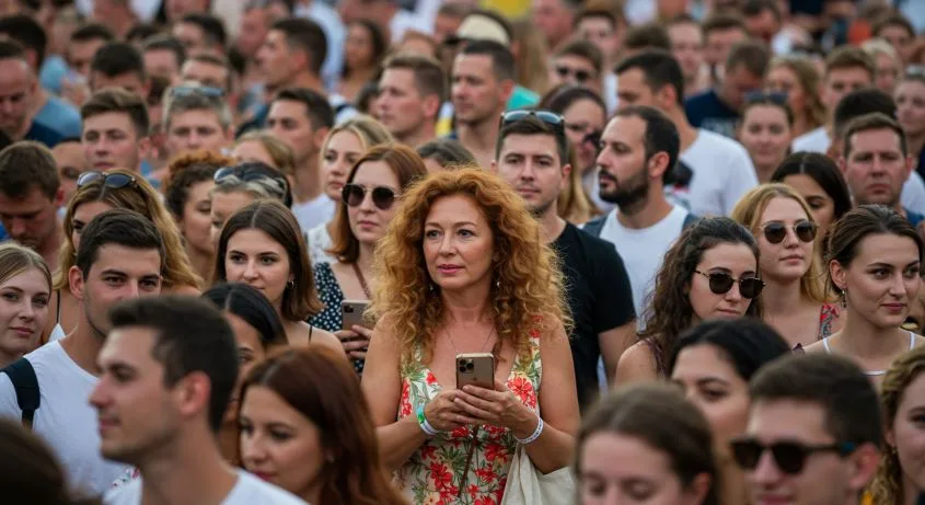 Woman sanding in a crowd holding her iPhone using Find My to find her friends.