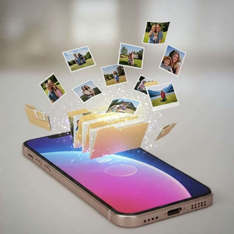 Organizing photos on iPhone photos on iPhone shown flying into file folders