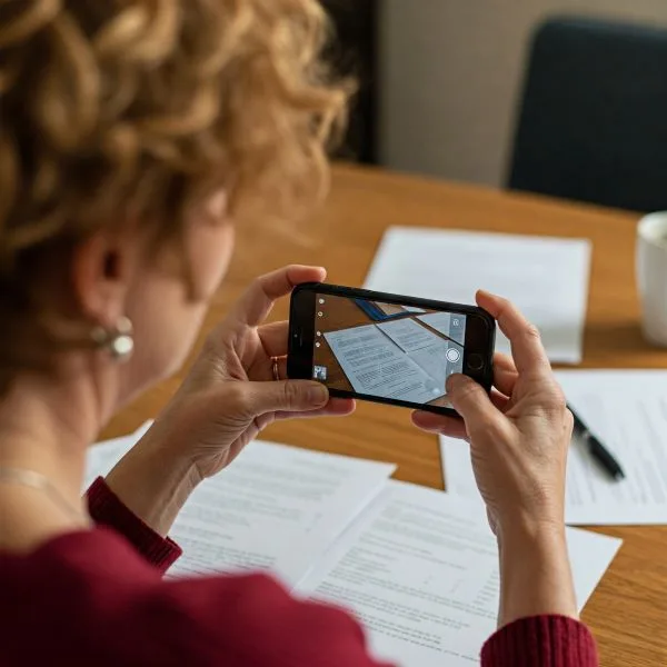 Woman taking photos on iPhone of documents on a table.