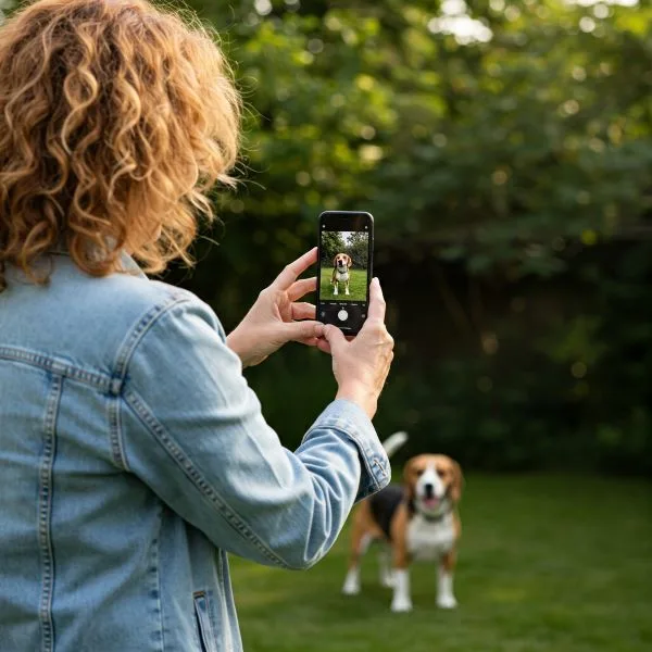 woman taking photos on iPhone of beagle.