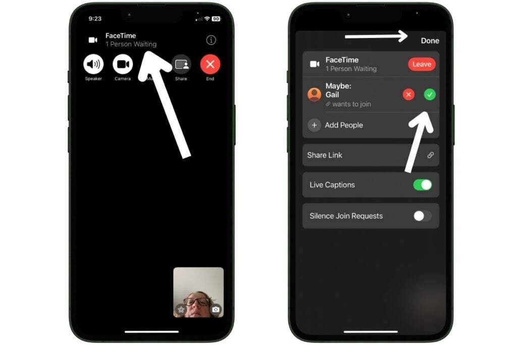 FaceTime App Allowing Join Two iPhone Screenshots showing how to allow someone to join your call.
