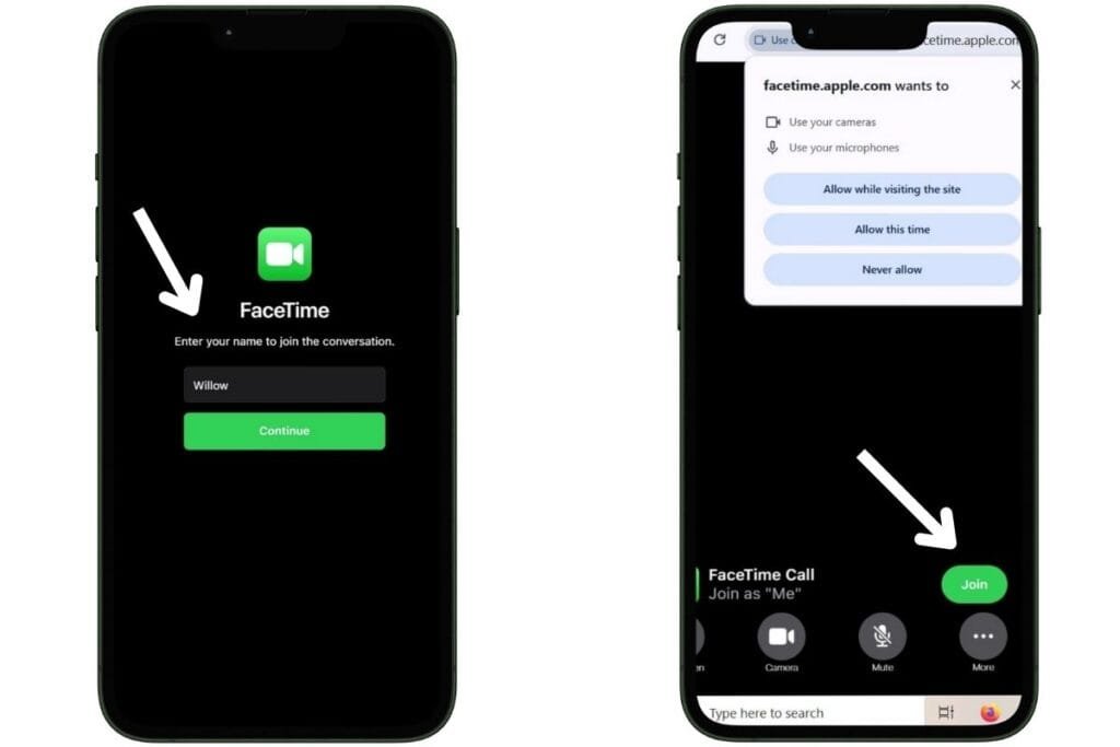 FaceTime App Android Join Two smart phones showing FaceTime App Joining from webpage.
