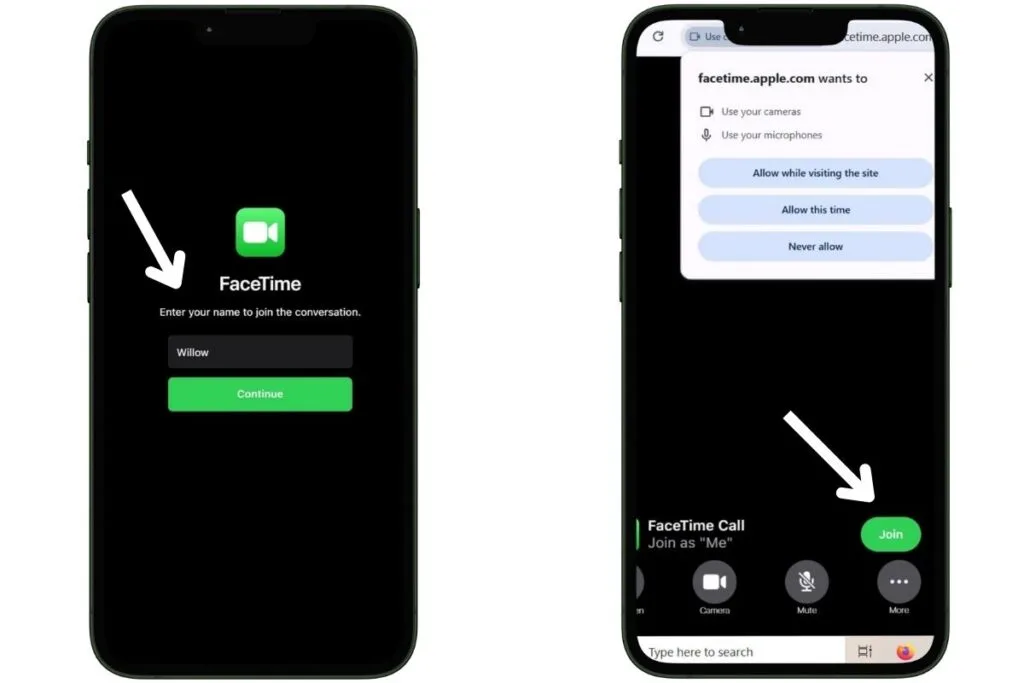 Two smart phones showing FaceTime App Joining from webpage.