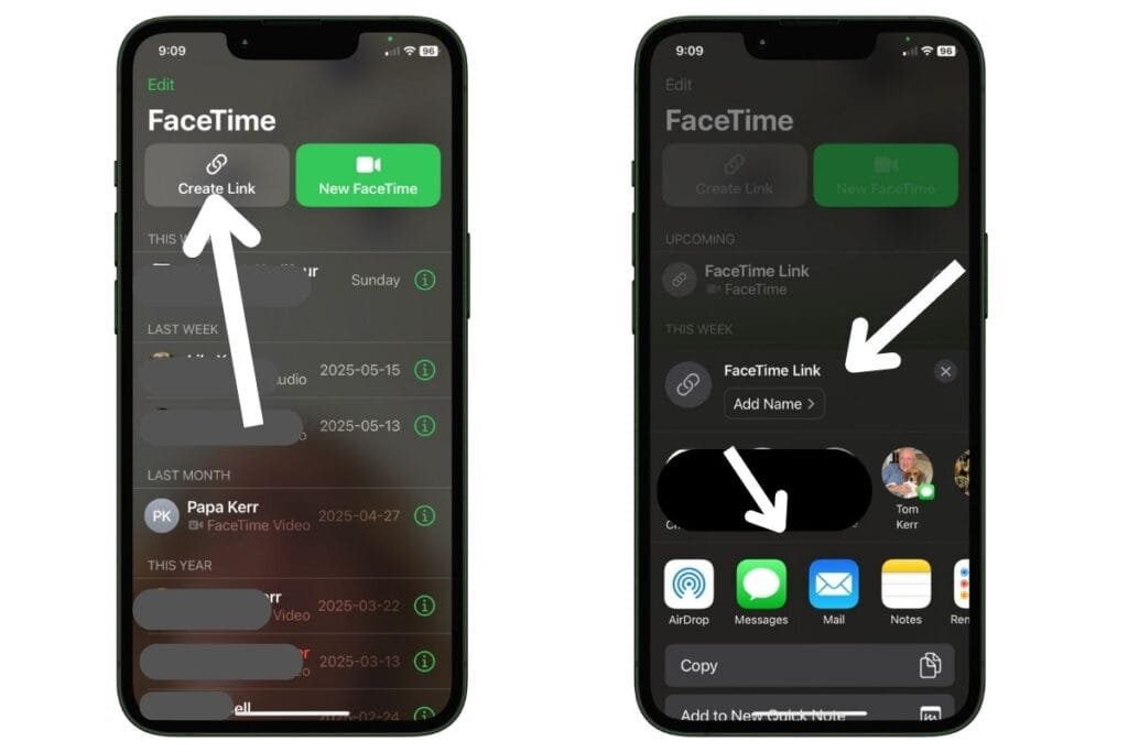 FaceTime App Create Link Two Screenshots of FaceTime App showing how to create a link.