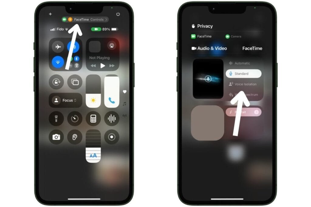 FaceTime Voice Isolation Two iPhone screenshots showing how to turn on voice isolation.