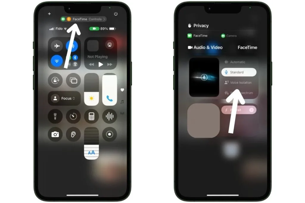 Two iPhone screenshots showing how to turn on voice isolation.
