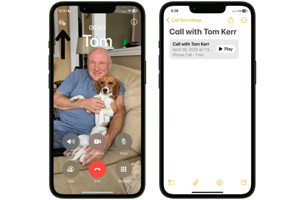 Recording A Call and Saved To Notes Two iPhone Screens displaying how to record a call and save to notes.
