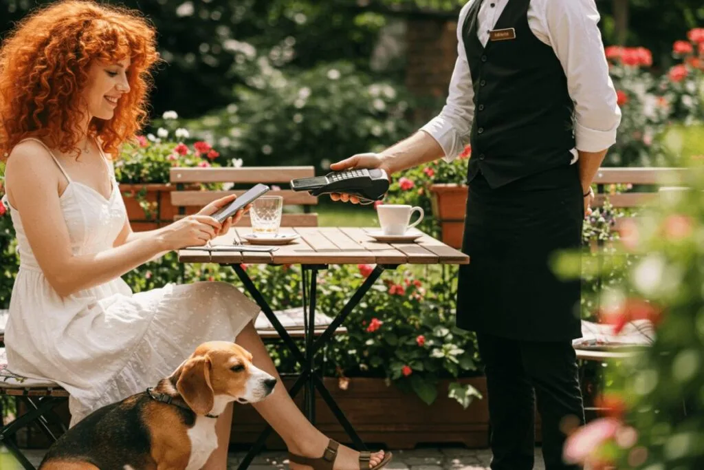 Woman at a Cafe table with a beagle paying with Apple Pay.