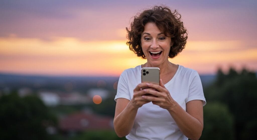 Woman with a surprised look holding an iPhone with hidden features.