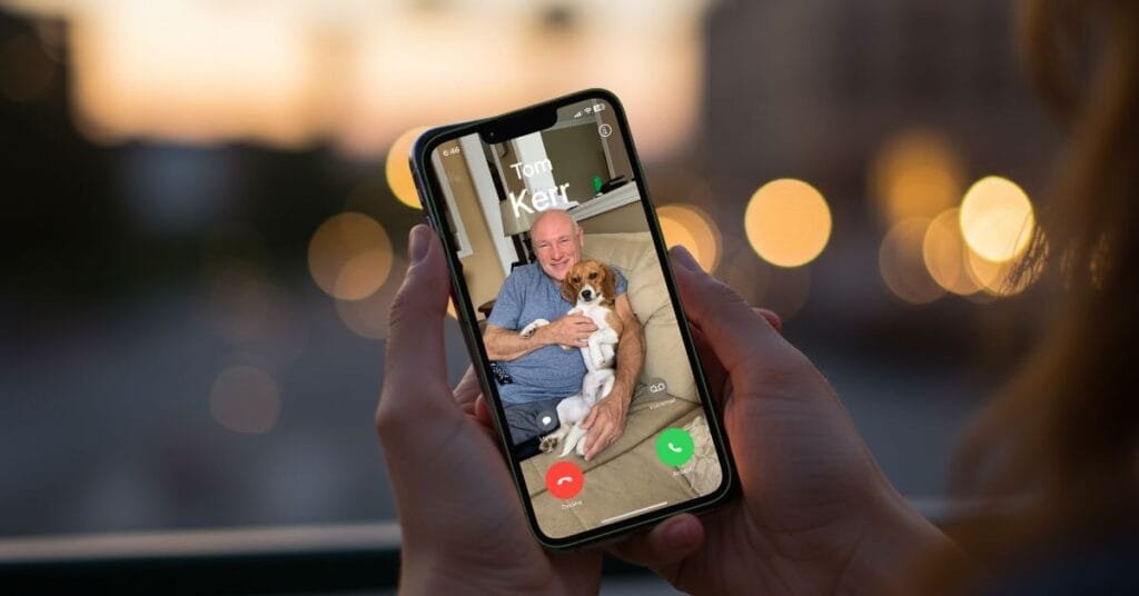 iPhone in persons hands with an incoming call showing on the screen.