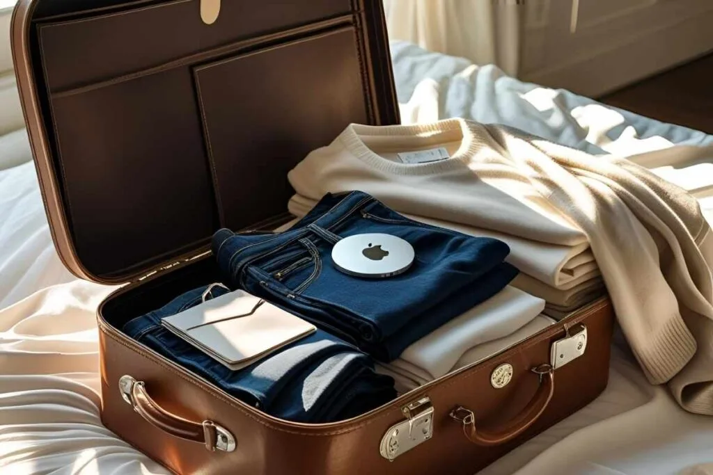 Suitcase on a bed with cloth and an Apple AirTag in the suitcase