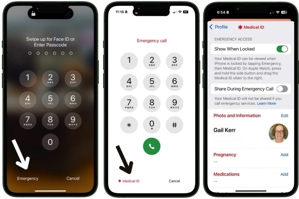 Three iPhone screens displaying how to access Medical ID