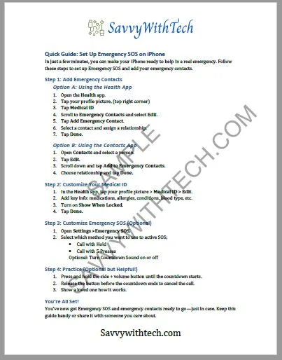 Sample of Emergency SOS on iPhone Quick Setup Guide