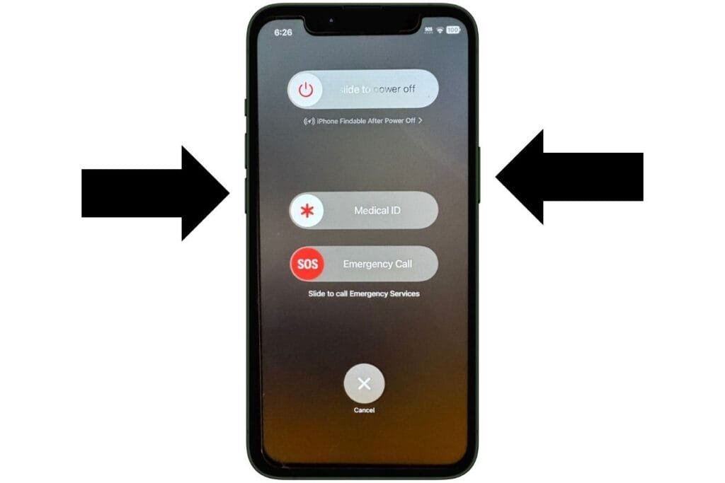 How to Trigger Emergency SOS on iPhone iPhone Screen with arrows pointing to side button to trigger emergency sos on iPhone.