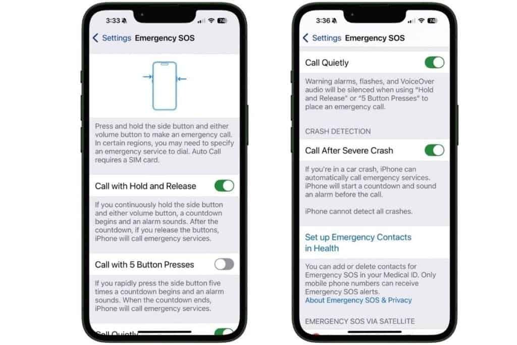 Setting for Emergency SOS on iPhone Two iPhone screens showing the setting for Emergency SOS