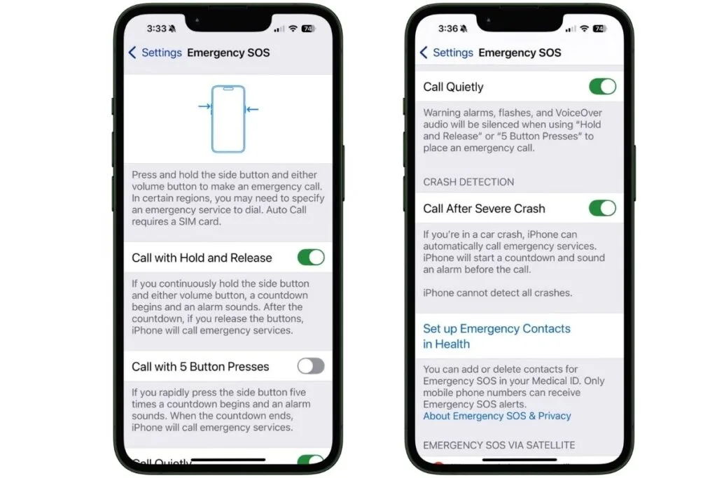 Two iPhone screens showing the setting for Emergency SOS
