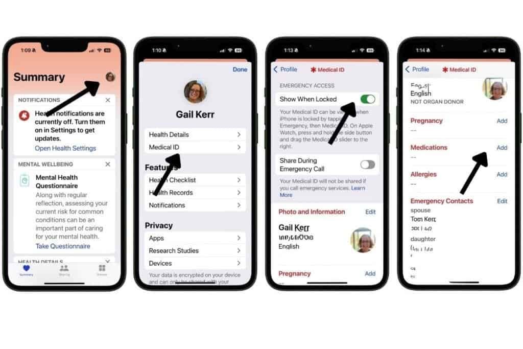 Setup Medical ID in Health App Four iPhone screens displaying steps to customize Health App