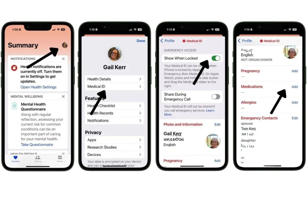 Four iPhone screens displaying steps to customize Health App