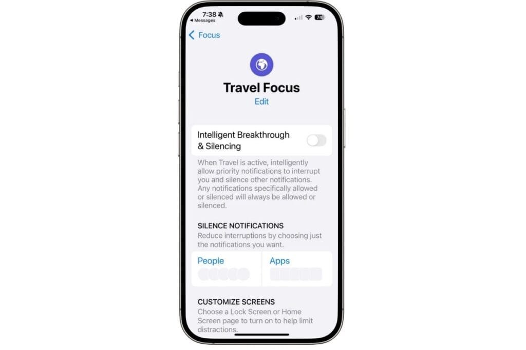 Travel Focus for iPhone Tips for Travel iPhone screen showing Focus Mode