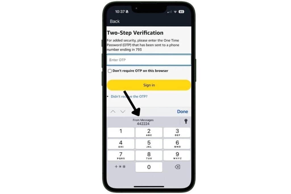 Two Step Verification-iPhone Hidden Feature Phone screen with Amazon sign-in showing iPhone Hidden Feature that copies text code from messages to app.