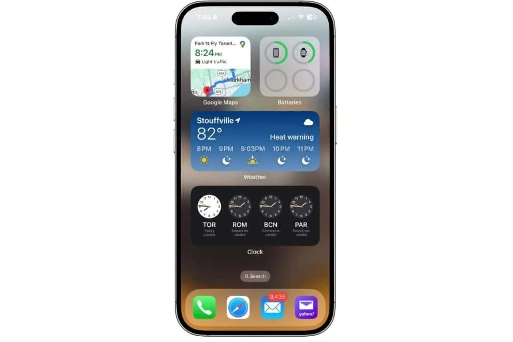 iPhone screen with widgets for travel