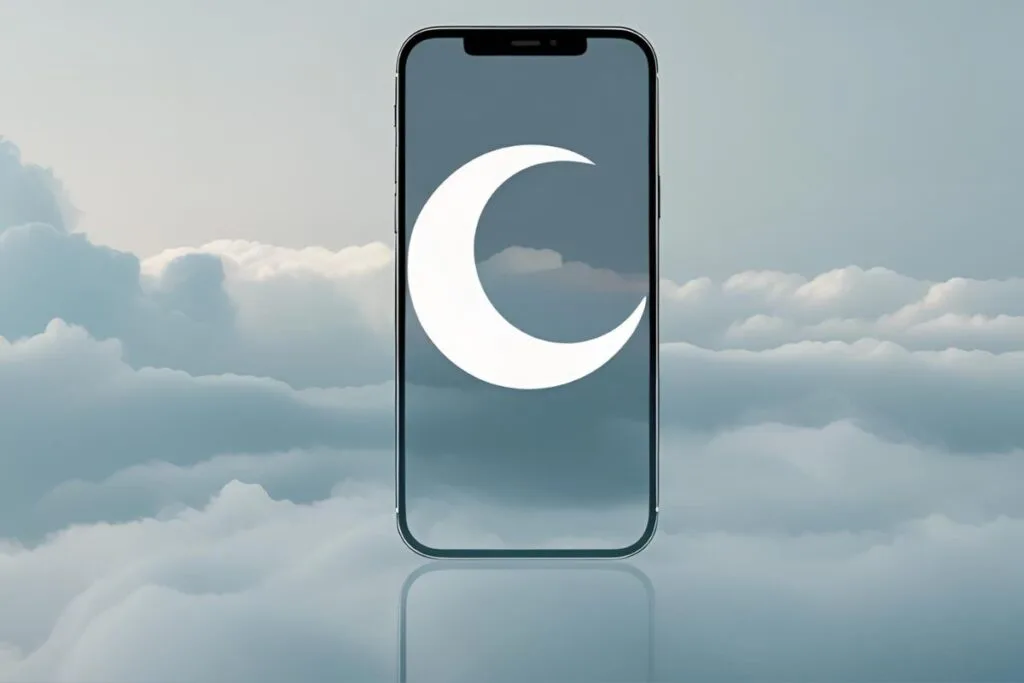 Crescent Moon on and iPhone sitting in the clouds to represent iPhone Focus Mode.