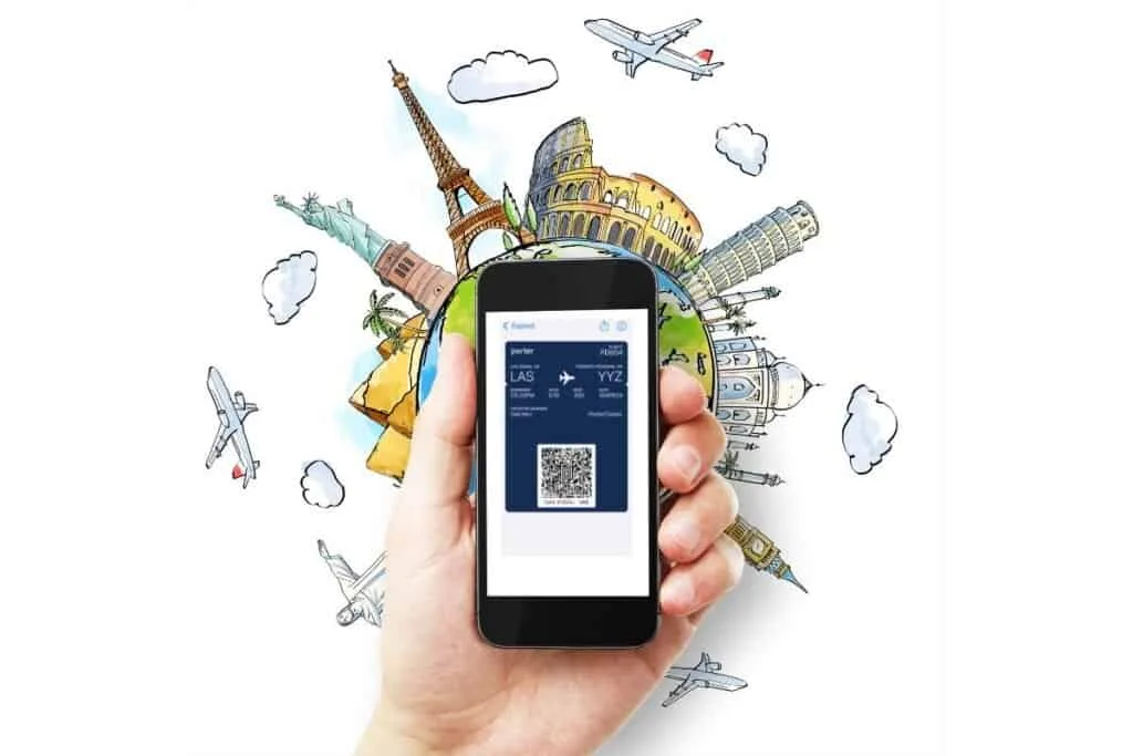A graphic of the world showing travel destinations and a hand holding an iPhone with a boarding pass to represent iPhone tips for travel.