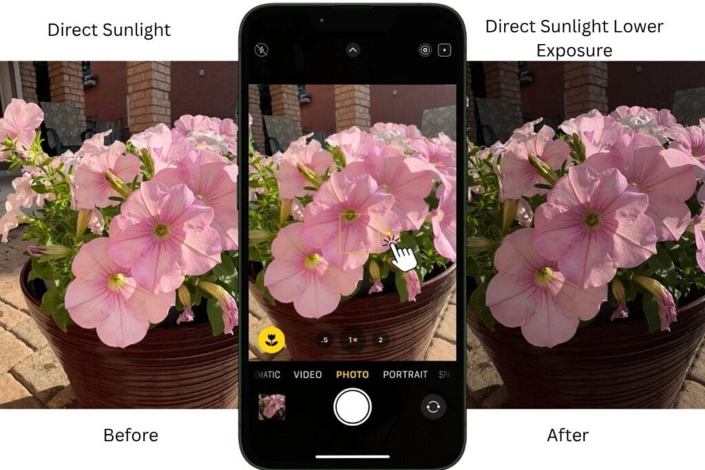 Before and After Lowering Exposer Two identical images, one before and one after lowering exposure. An image of an iPhone in the middle showing the low exposure option on the screen.