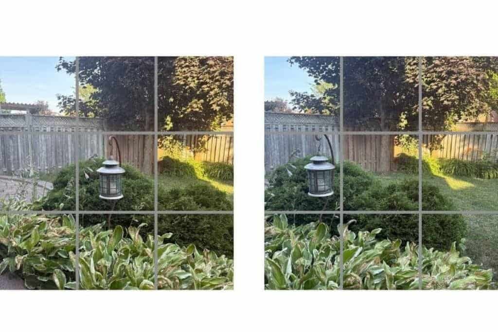 Two pictures of a lantern with a grid overlay. In one picture the lantern is in the center and the other it's off to the side as an example of how to take a good photo with iPhone using the grid.