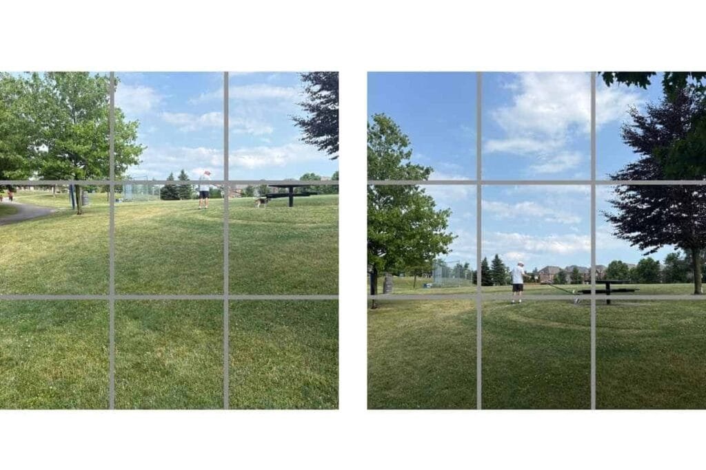 Two photos of a man walking a dog in a field with a grid overlay to show how to take a good photo using iPhone and the grid.