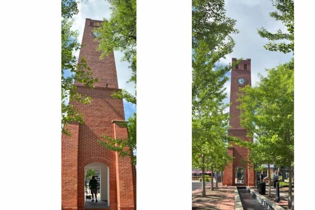 Pano Vertical shot close and far Two images of a tall clock tower taken with Pano mode as an example of how to take a good photo on iPhone using Pano mode.