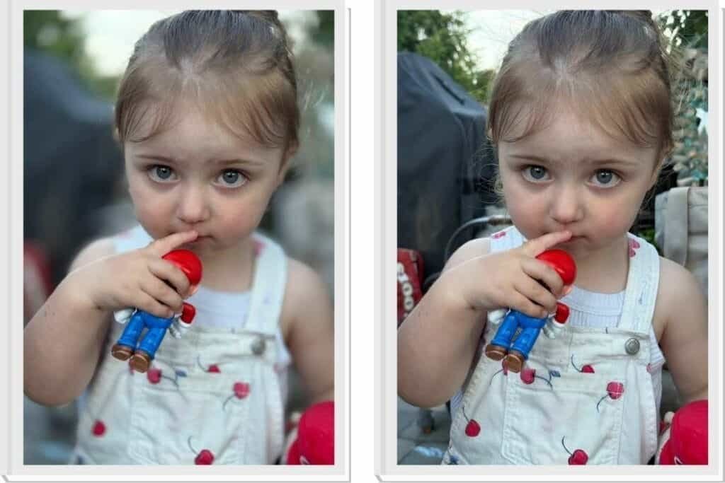 With the Blur and Without Two photos of a little girl holding a doll, one image is an example of portrait mode using full blur and the 2nd has the blur removed.