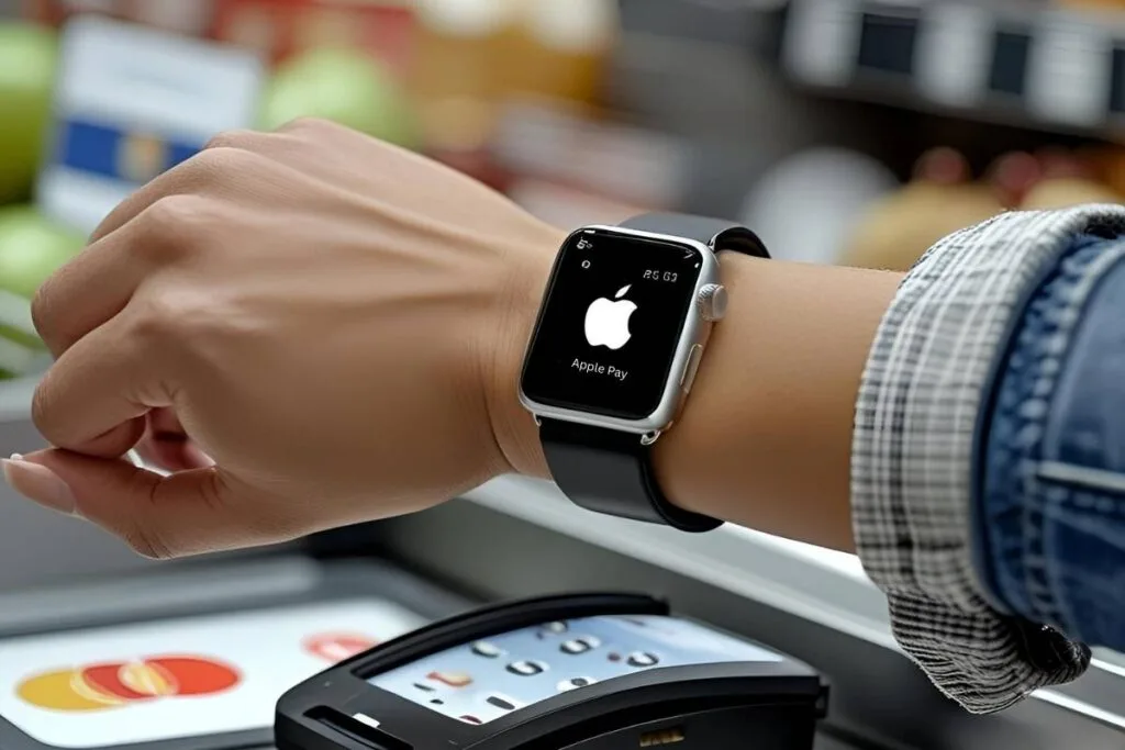 Apple Pay A person holding an Apple Watch by a pay terminal as an example of how to use Apple Pay