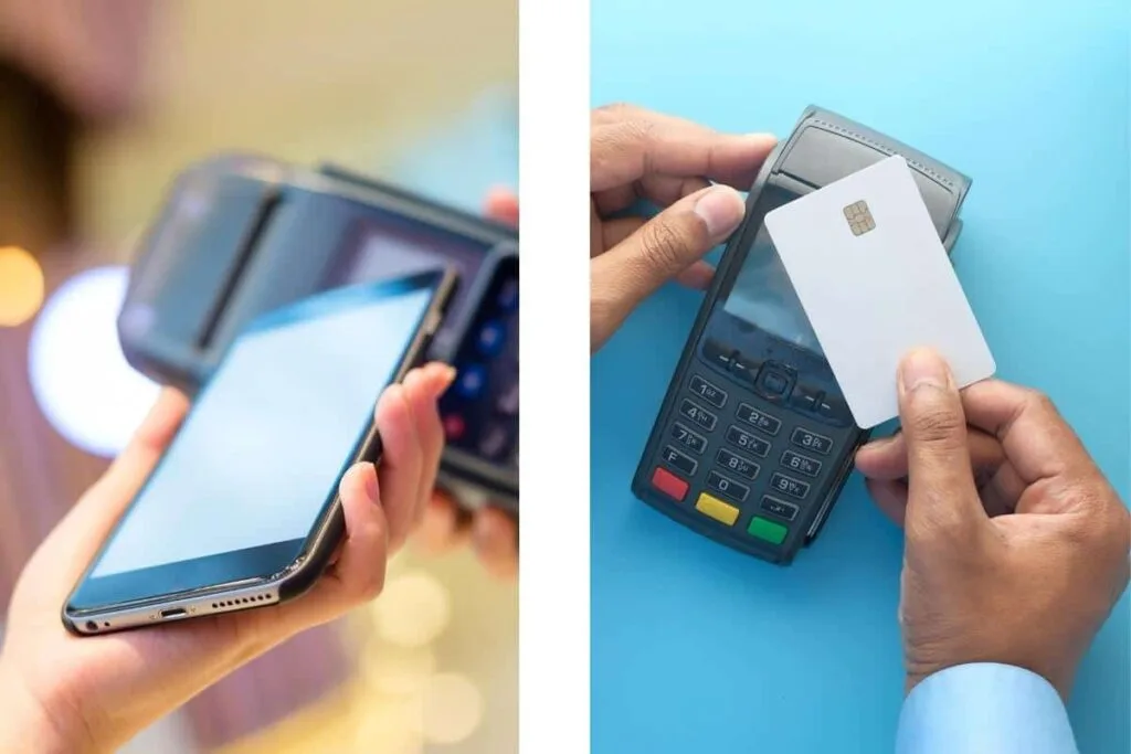 Two pictures side by side, one showing someone taping to pay with iPhone and another with someone taping to pay with a credit card as a comparison on if if Apple Pay is Safe.