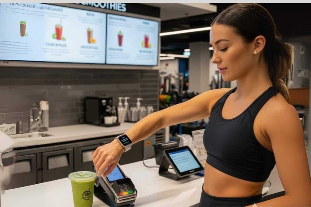 Apple Pay with only Apple Watch Woman at a gym juice bar paying for a smoothie with her Apple Watch
