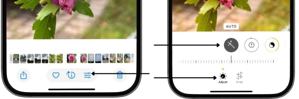 Image of iPhone photo showing the slider Icon and a second image of an iPhone showing the Adjust button and Auto Adjust Icon.