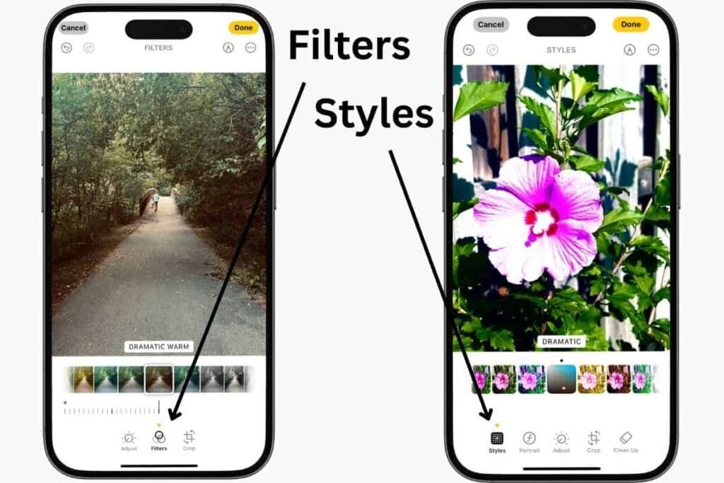 Filter and Styles Two iPhones, on one screen it shows an photo in the filters option text overlay Filters with an arrow pointing to the filter icon. Second screen is showing a photo in the styles option, text overlay Styles with an arrow pointing to the Styles icon on the screen.