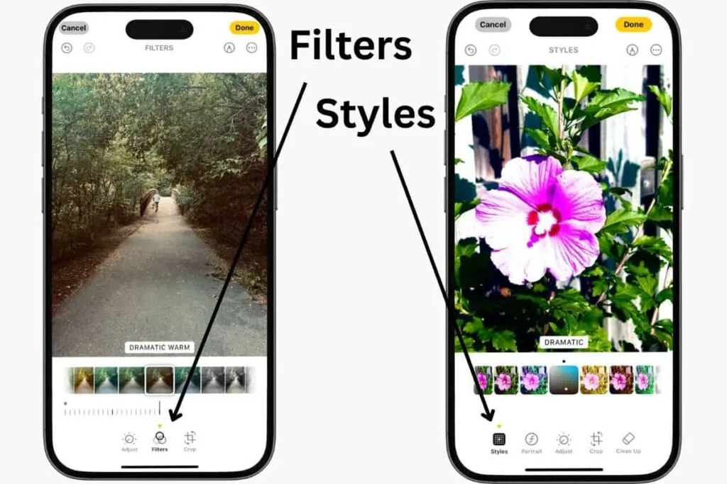 Two iPhones, on one screen it shows an photo in the filters option text overlay Filters with an arrow pointing to the filter icon. Second screen is showing a photo in the styles option, text overlay Styles with an arrow pointing to the Styles icon on the screen.