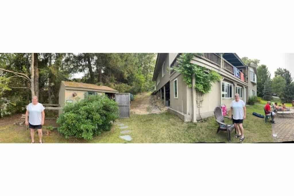 Fun Pano with the same person 2x (1) Panoramic picture of a back yard showing the same person 2 times.