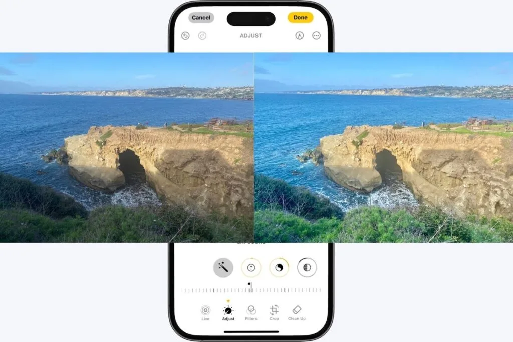 Two images of a the ocean, one is edited to improve the image. An iPhone is behind the images showing the edit photo functions as an example of how to edit a photo using the iPhone edit features.