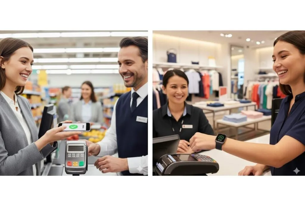 Two images showing a woman in a store at a checkout with a clerk paying using Apple Pay, in one image she is using her iPhone and the other her Apple Watch as an example of how to setup Apple pay and then use it in a store.