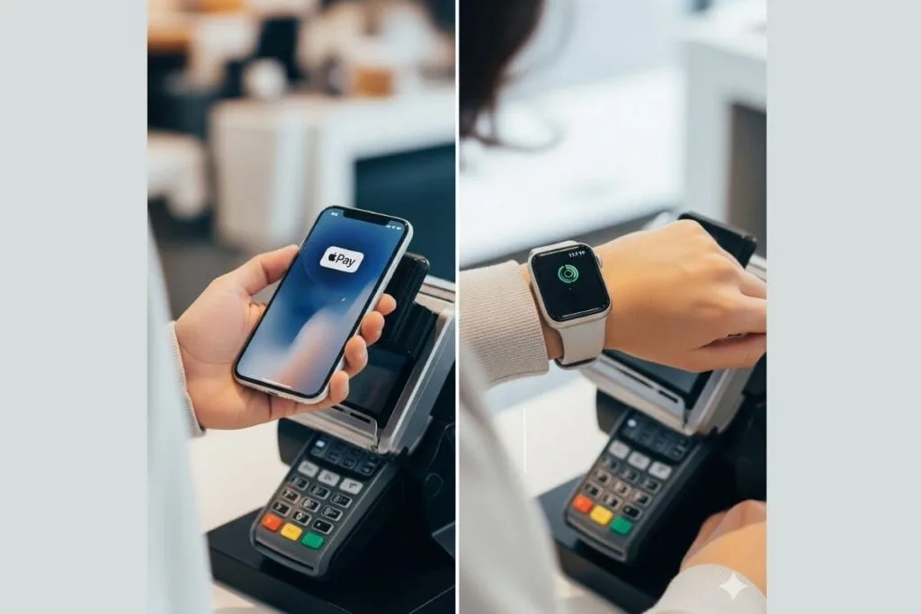 Split screen image, left side showing a hand holding an iPhone to pay at a pay terminal, right side is a arm with an Apple Watch and tapping it on a pay terminal.