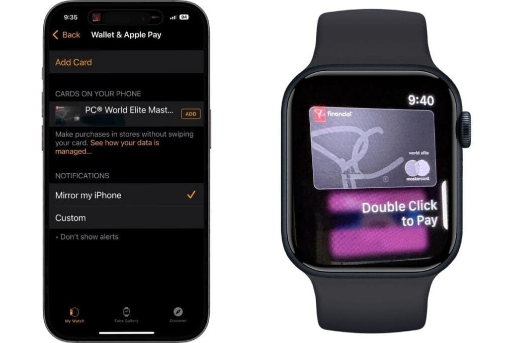 How to set up Apple Pay on Apple Watch iphone screen showing Watch App as an example of how to set up Apple Pay on Apple Watch. An image of an Apple Watch showing the Apple Pay screen with Double Click to Pay on the screen.