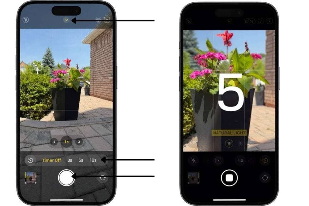 How use the timer to take a good photo on iPhone One iPhone screens showing the buttons for using the timer and 2nd iPhone screen showing the countdown for the timer as an example of how to take a good photo on iPhone using the timer.
