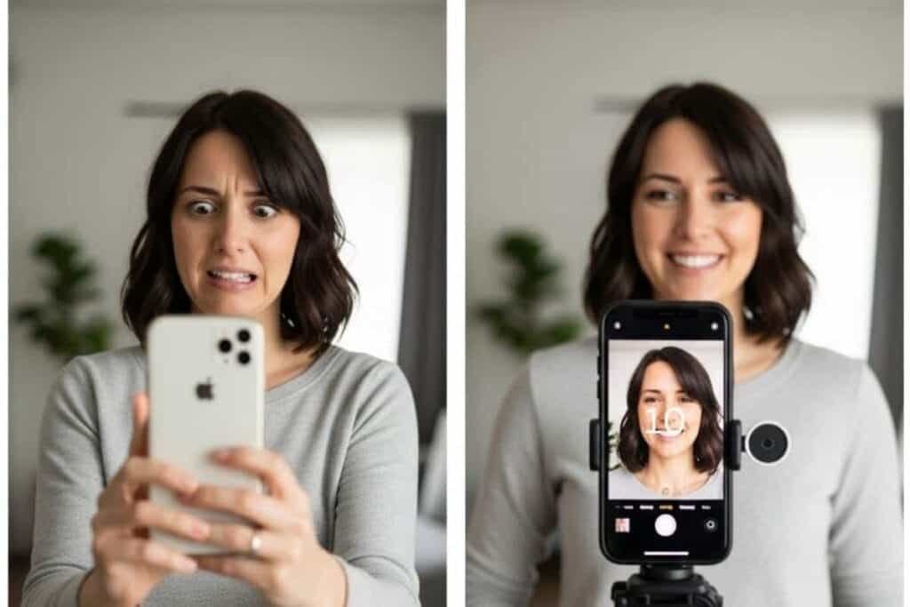 Take a better Selfie with the timer A “before and after” collage: one image a woman is taking selfie with her iPhone in her hand and she seems uncomfortable. In the next image the exact same person is smiling and relaxed taking a photo with her iPhone on a tripod, with the screen on the iPhone is showing her image on the screen.