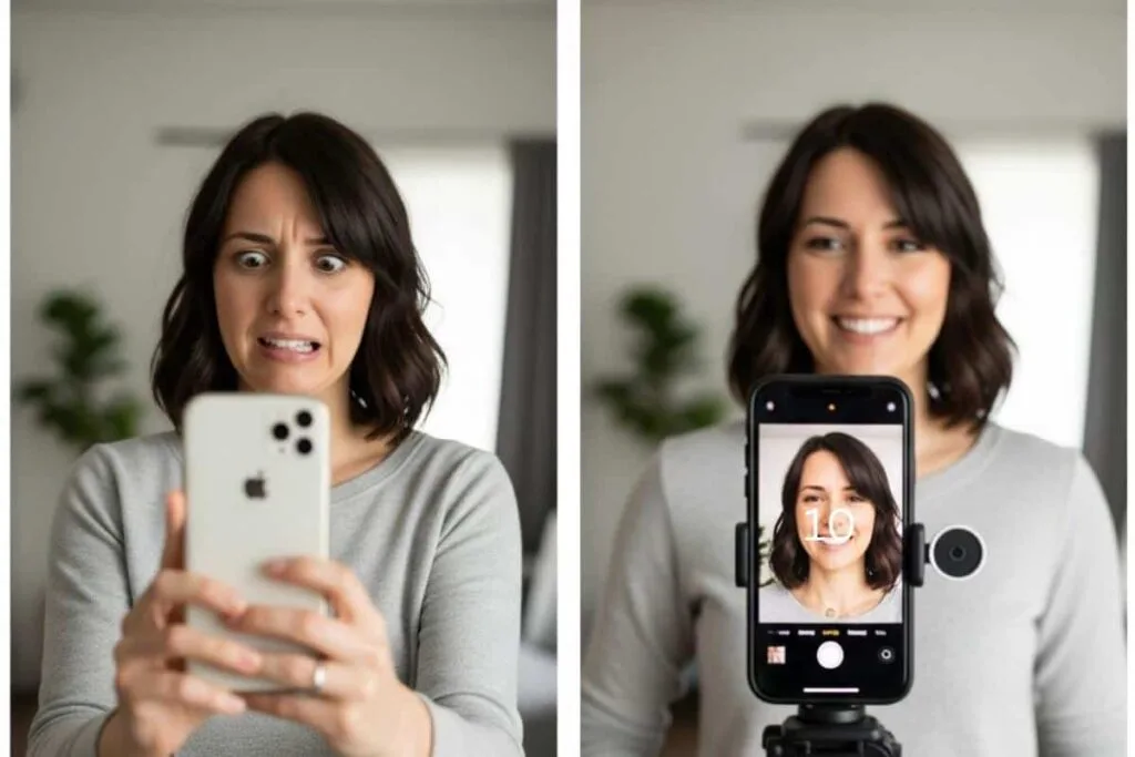 A “before and after” collage: one image a woman is taking selfie with her iPhone in her hand and she seems uncomfortable.  In the next image the exact same person is smiling and relaxed taking a photo with her iPhone on a tripod, with the screen on the iPhone is showing her image on the screen.